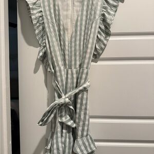 Lovers + Friends Green and White Striped Ruffle Romper